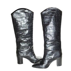 Schutz Mariana Black Crocodile-Embossed Leather Knee-High Black Boots 9.5B